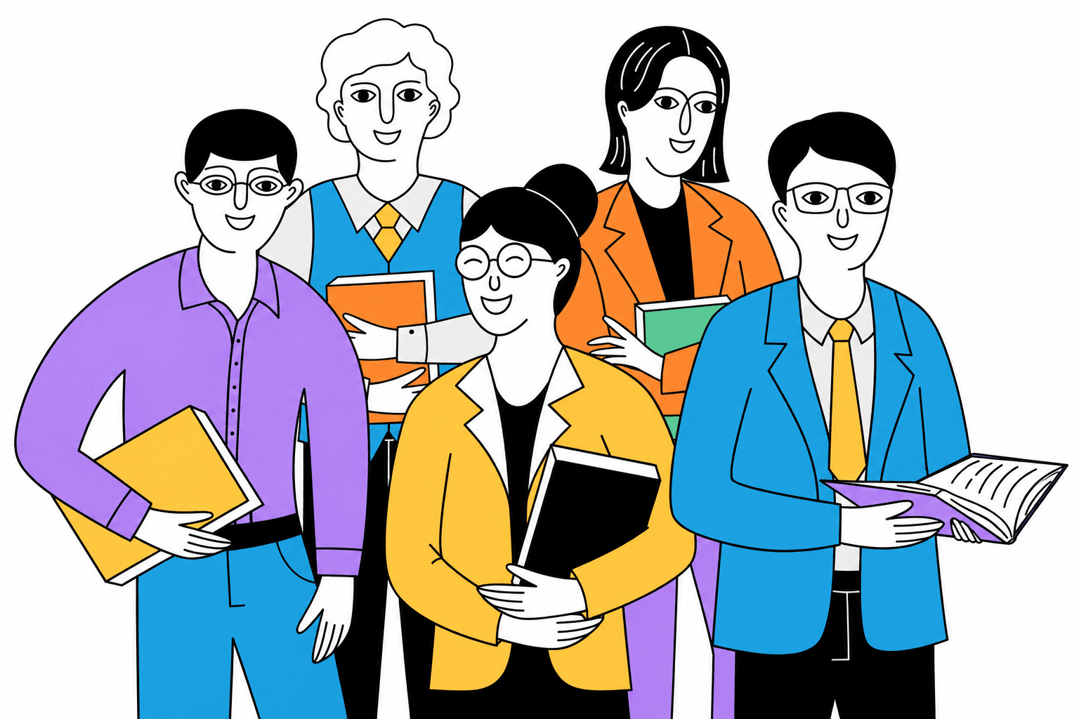 Five teachers holding books together