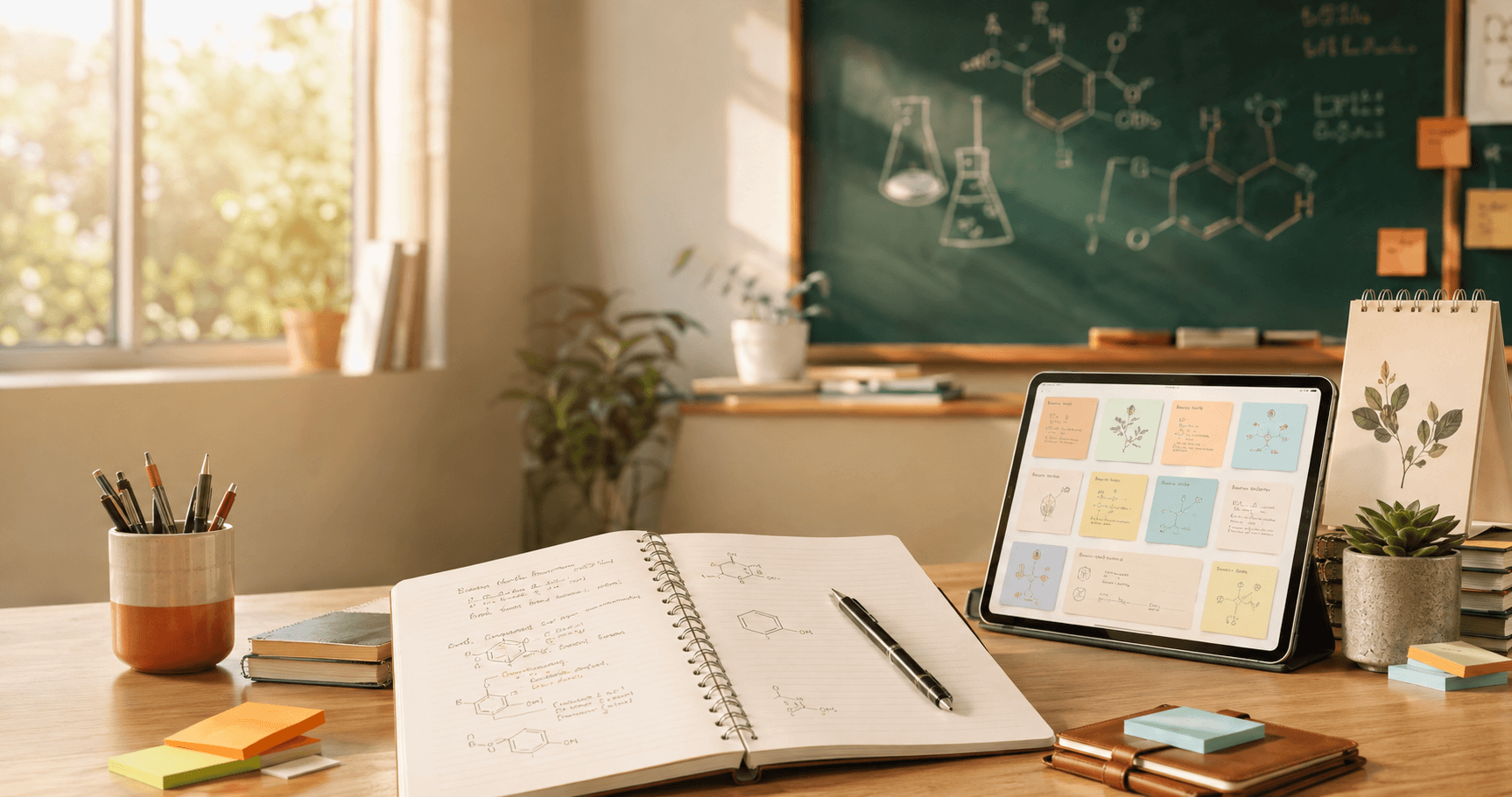 A warm teacher desk with chemistry notes, classroom board and a digital teaching notebook